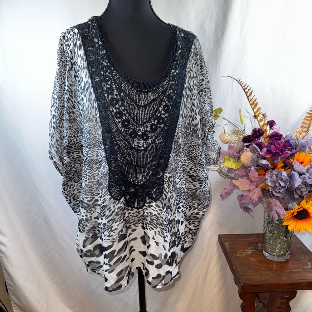 Cato Leopard Print Chiffon Top Black Crochet Bib Boho Tunic 18/20W